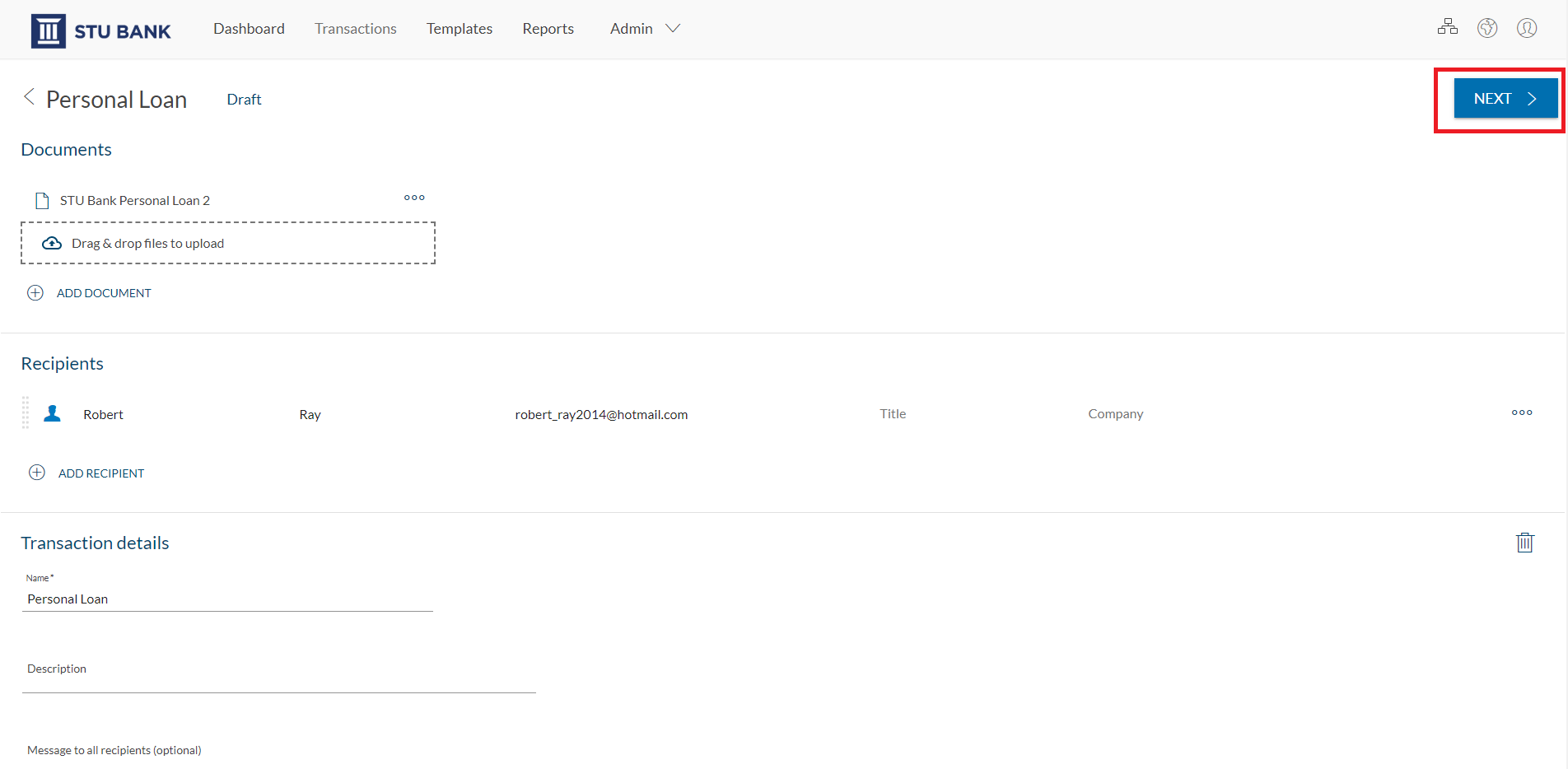 After adding your document and recipient to the transaction, click “Next” to prepare your document for signature.  